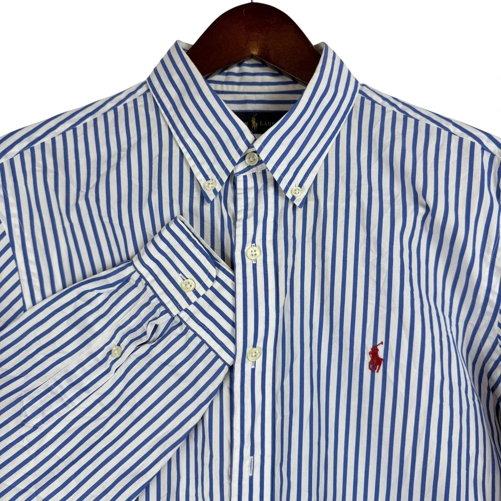 Ralph Lauren Button Down Shirt Mens XL Blue White Stripe Preppy Old Money Ivy